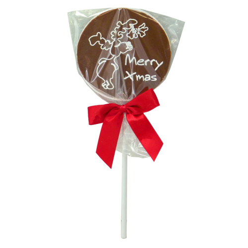 Christmas Jolly Lollies - Milk Chocolate Lolli with a Reindeer Graphic Design Finished with a Red Twist Tie Bow