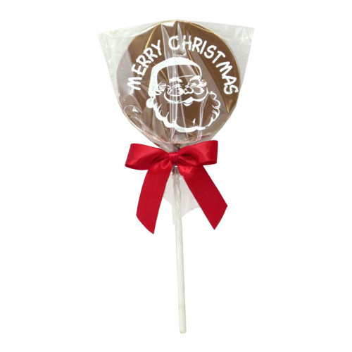 Christmas Jolly Lollies - Milk Chocolate Lolli with a Santa Face Graphic Design Finished with a Red Twist Tie Bow