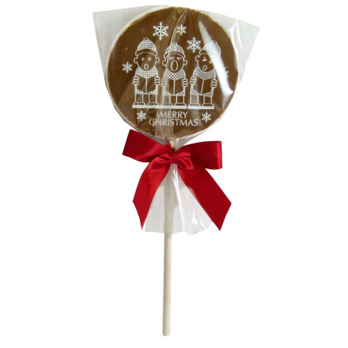 Christmas Jolly Lollies - Milk Chocolate Lolli with Carol Singers Graphic Design Finished with a Red Twist Tie Bow
