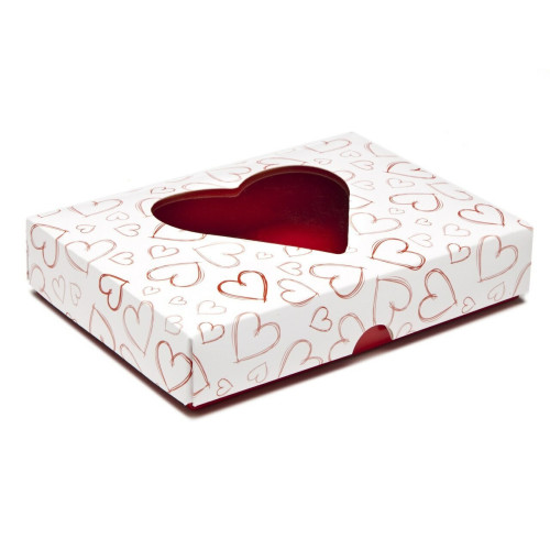 Fold-Up White 12 Chocolate Box Lid with Red Heart Design & Window 159mm x 112mm x 32mm (Lid Only)