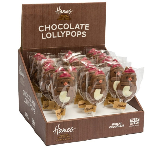 Hames - Milk Chocolate Penguin Lollipop Decorated with a Orange Nose, Red Hat and White Chocolate Belly