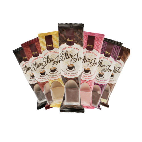 Hames - Mixed Selection of Stir In Hot Chocolate Spoons 35g RA MB (4 x Milk, 4 x Mallow, 4 x Salted Caramel, 4 x Hazelnut, 4 x Dark & 4 x Caramel) x Outer of 24