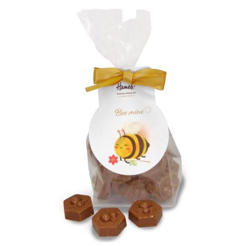Hames &acirc; Solid Milk Chocolate Honeybee&acirc;s, Finished with a &acirc;Bee Mine&acirc; Swing Tag and Gold Twist Tie Bow 150g