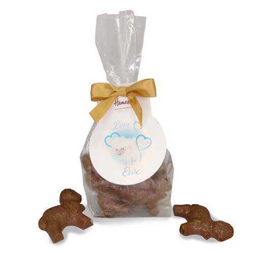 Hames- Solid Milk Chocolate Sheep Shapes, Finished with a &acirc;Love Ewe&acirc; Swing Tag and Gold Twist Tie Bow 150g