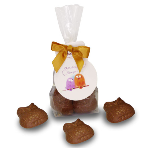 Hames - Solid Milk Chocolate Owl Shapes, Finished with an &acirc;Owl Always Love You&acirc; Swing Tag and Gold Twist Tie Bow 150g