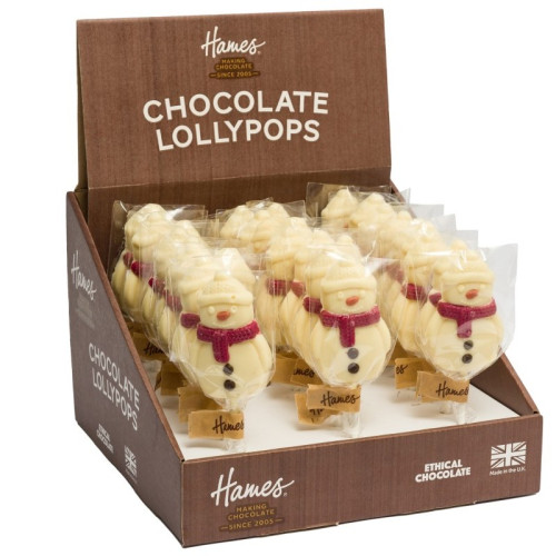 Hames - White Chocolate Snowman Lollipop Decorated with a Red Scarf, Orange Nose, Dark Chocolate Buttons