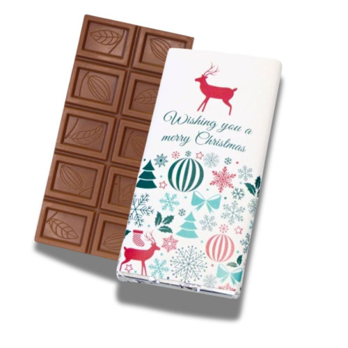 Wishing You a Merry Christmas - 60g Milk Chocolate Bar Wrapped in Silver Foil Finished with Contemporary Christmas Wishes Wrapper
