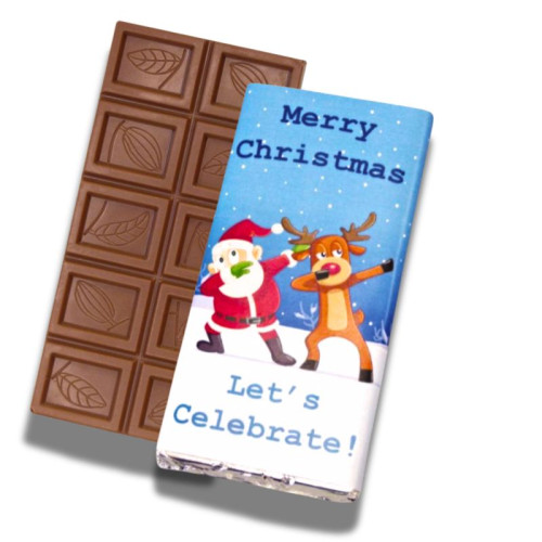 Let's Celebrate!! Milk Chocolate 60g Bar Wrapped in Silver Foil Finished with Funny Dabbing Christmas Characters Wrapper