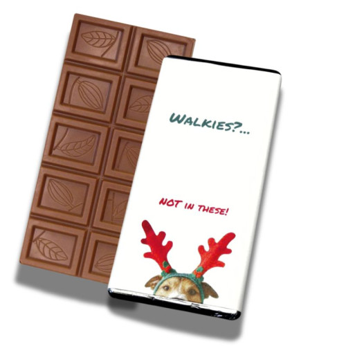 Christmas Walkies!! - 60g Milk Chocolate Bar Wrapped in Silver Foil Finished with A Cute Dog Wearing Reindeer Antlers Wrapper