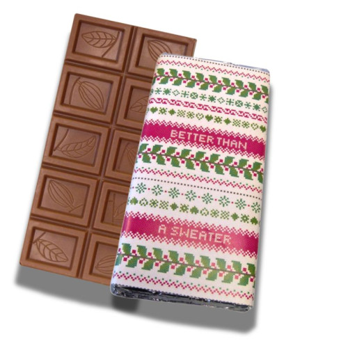 Merry Christmas - Milk Chocolate 60g Bar Wrapped in Silver Foil Finished with A Christmas Jumper Design Wrapper