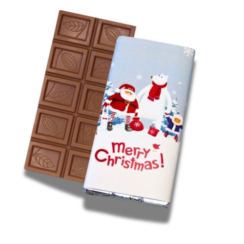 Merry Christmas - Milk Chocolate 60g Bar Wrapped in Silver Foil Finished with Snowy Fun With Santa & Friends Merry Christmas Wrapper x Outer of 12