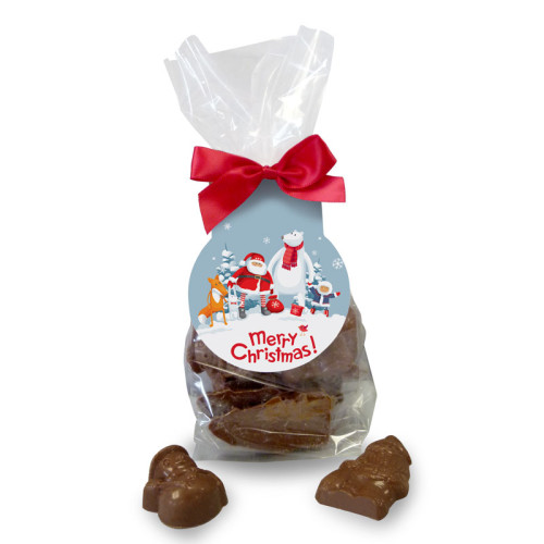 Snowy Fun With Santa & Friends Merry Christmas - Milk Chocolate Christmas Shapes Finished with a Swing Tag & Twist Tie Bow 150g
