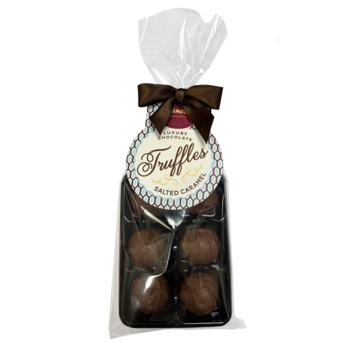Luxury 6 Truffle Bag - Milk Chocolate Salted Caramel Flavoured Truffle with Brown Twist Tie Bow & Swing Tag x Outer of 20