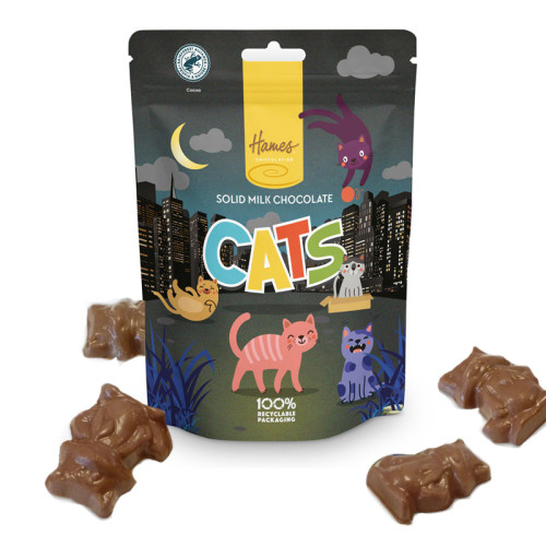 Hames - Solid Milk Chocolate Shaped Cats RA MB Cocoa & 100% Recyclable Pouch 100g
