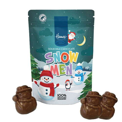 Milk chocolate snowman shapes in a 100% recyclable pouch containing 100g of milk chocolate, supplied in shelf ready cases of 9 by Hames Chocolates.