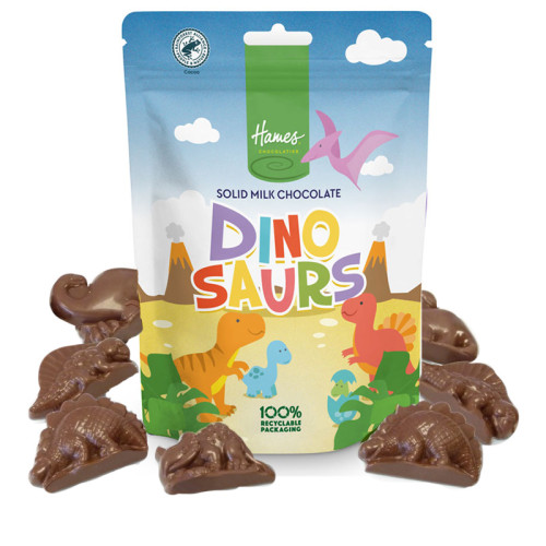 Hames - Solid Milk Chocolate Shaped Dinosaurs RA MB Cocoa & 100% Recyclable Pouch 100g