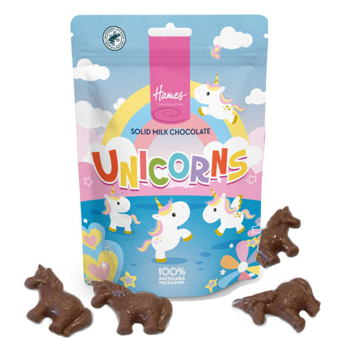 Milk chocolate unicorn shapes in a 100% recyclable pouch containing 100g of milk chocolate, supplied in shelf ready cases of 9 by Hames Chocolates.
