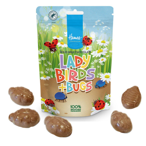 Hames - Solid Milk Chocolate Shaped Ladybirds & Bugs RA MB Cocoa & 100% Recyclable Pouch 100g