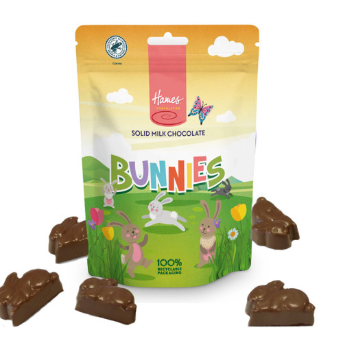 Hames - Solid Milk Chocolate Shaped Bunnies RA MB Cocoa & 100% Recyclable Pouch 100g