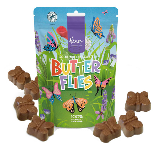 Hames - Solid Milk Chocolate Shaped Butterflies RA MB Cocoa & 100% Recyclable Pouch 100g