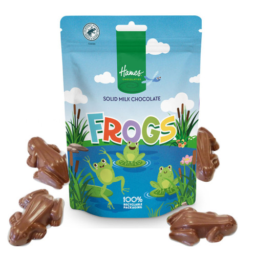 Hames - Solid Milk Chocolate Shaped Frogs RA MB Cocoa & 100% Recyclable Pouch 100g