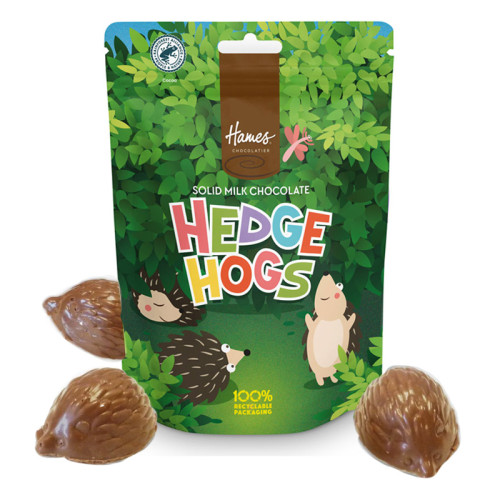 Hames - Solid Milk Chocolate Shaped Hedgehogs RA MB Cocoa & 100% Recyclable Pouch 100g