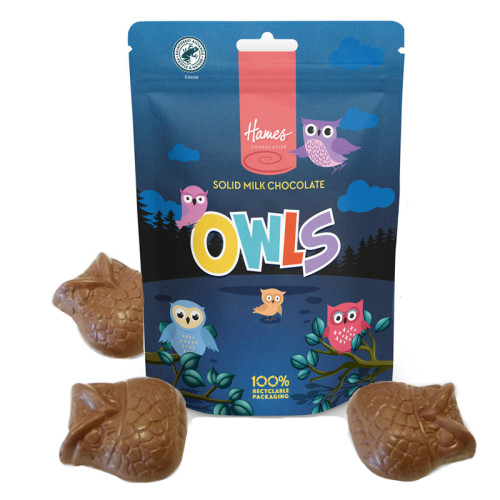 Hames - Solid Milk Chocolate Shaped Owls RA MB Cocoa & 100% Recyclable Pouch 100g