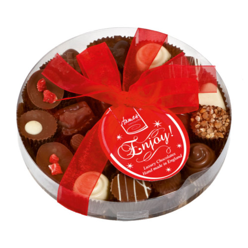 Clearly Enjoyable - Clear Boxed Chocolate Assortment (Medium) 140g Finished with a Beautiful Hand Tied Red Ribbon & Swing Tag x Outer of 12