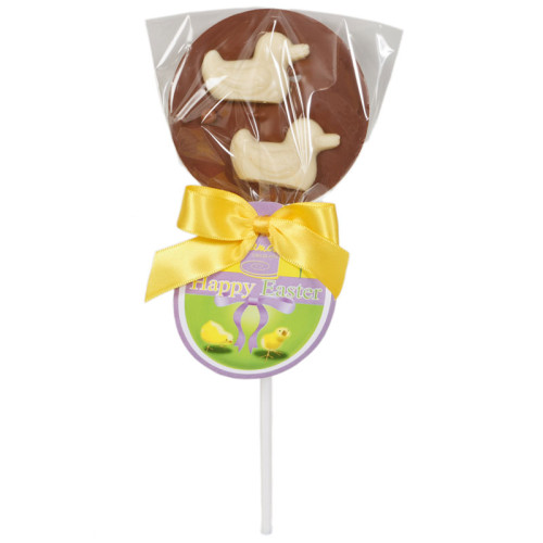 Promotional Easter Lollies - Milk Chocolate Lollipop Decorated With 2 White Chocolate Duck Your Easter Design Swing Tag & "Your Logo" and Yellow Satin Twist Tie Bow