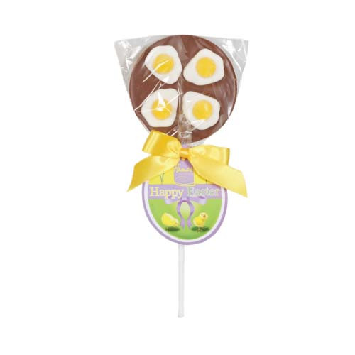 Promotional Easter Lollies - Milk Chocolate Lollipop Decorated With Foam Jelly Eggs Your Easter Design Swing Tag & "Your Logo" and Yellow Satin Twist Tie Bow