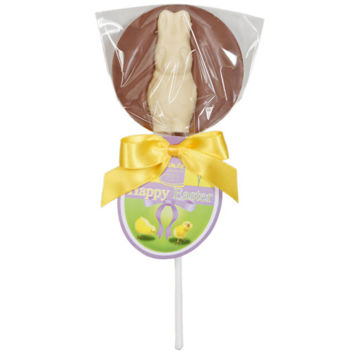 Hames Easter Lollies - Milk Chocolate Lollipop Decorated With A White Chocolate Rabbit Finished with a Happy Easter Swing Tag and Twist Tie Bow