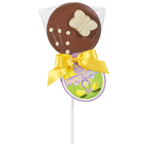 Hames Easter Lollies - Milk Chocolate Lollipop Decorated With A White Chocolate Butterfly Finished with a Happy Easter Swing Tag and Twist Tie Bow