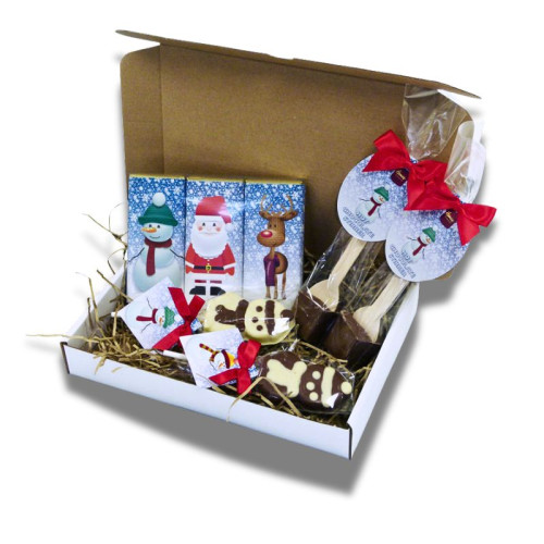 A Very Woolly Christmas Eve Gift Selection of 50g Christmas Themed Chocolate Bars, 2 Snowman Chocolate Lollies & 2 Hot Chocolate Stirrer