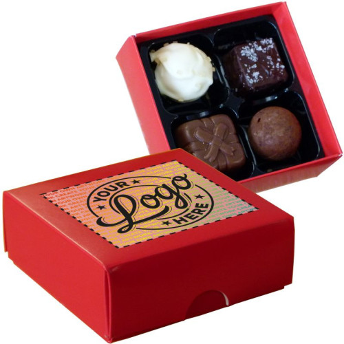 Promotional - 4 Chocolate Assortment Presented in a Red Box Finished With A Full Colour Digital Print on Lid