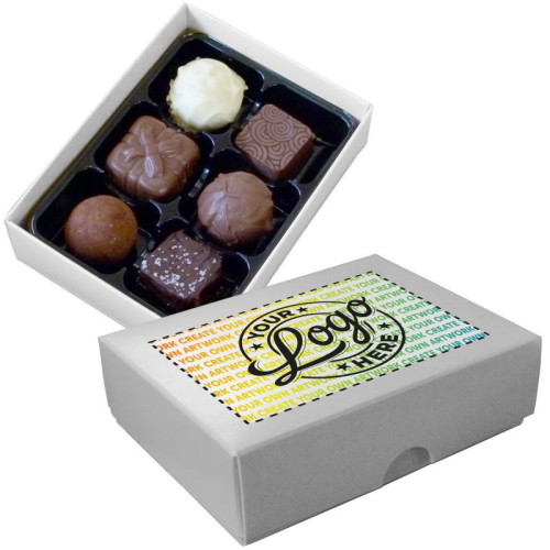 Promotional - 6 Chocolate Assortment Presented in a White Box Finished With A Full Colour Digital Print on Lid