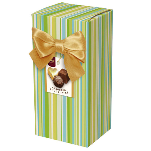 Chocolate & Truffles Assortment Ballotin Presented in a Green Stripe Printed Box & Finished with a Gold Twist Tie Bow and Swing Tag 150g x Outer of 9 