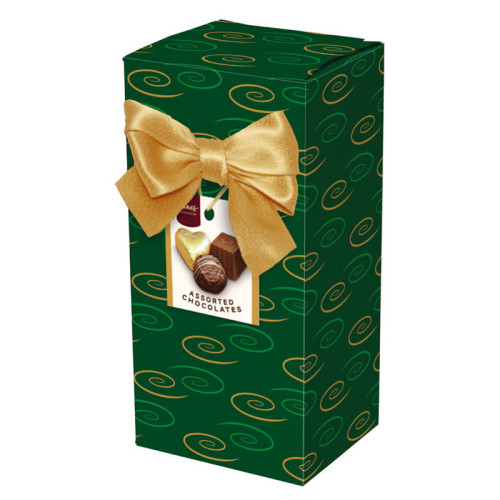 Chocolate & Truffles Assortment Ballotin Presented in a Green Swirl Printed Box & Finished with a Gold Twist Tie Bow and Swing Tag 150g x Outer of 9