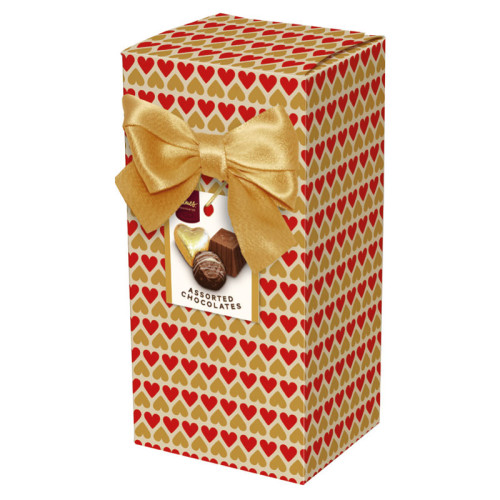 Chocolate & Truffles Assortment Ballotin Presented in a Heart Printed Box & Finished with a Gold Twist Tie Bow and Swing Tag 150g x Outer of 9 