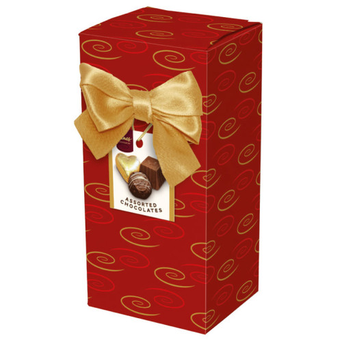 Chocolate & Truffles Assortment Ballotin Presented in a Red Swirl Printed Box & Finished with a Gold Twist Tie Bow and Swing Tag 150g x Outer of 9 