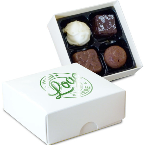 Promotional - 4 Chocolate Assortment Presented in a White Box Finished With a Single Gloss Green Colour Foil Print on Lid