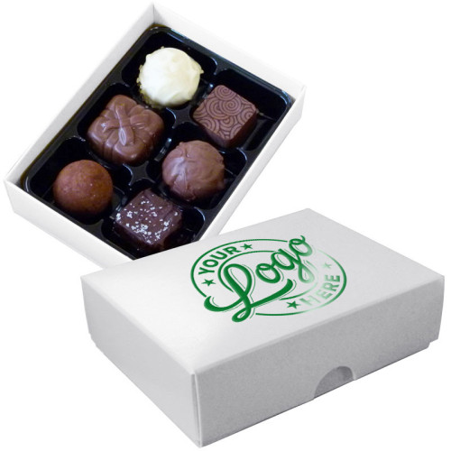 Promotional - 6 Chocolate Assortment Presented in a White Box Finished With a Single Gloss Green Colour Foil Print on Lid