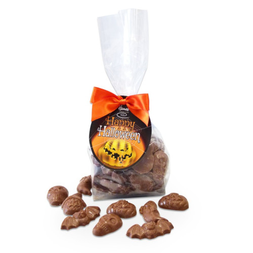 Halloween Milk Chocolate Shapes (Pumpkins, Ghost, Bats & Skulls) 150g with a Swing Tag & Orange Twist Tie Bow 150g