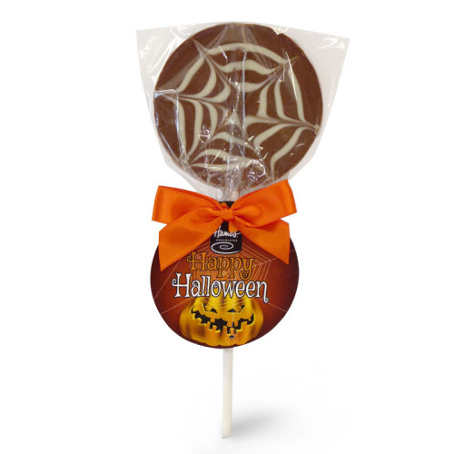 Halloween Milk Chocolate Lolly with a White Chocolate Spider Web Design Finished with a with a Swing Tag & Orange Twist Tie Bow