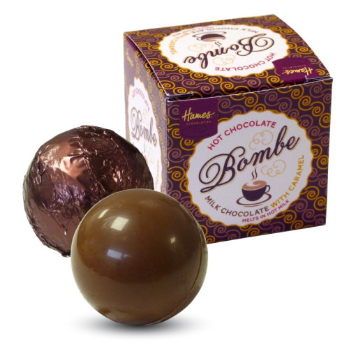 Hames Pack of 2Â Hot Chocolate Bombes - Milk Chocolate & a Milk Chocolate with Caramel Flavour Rainforest Alliance MB Cocoa