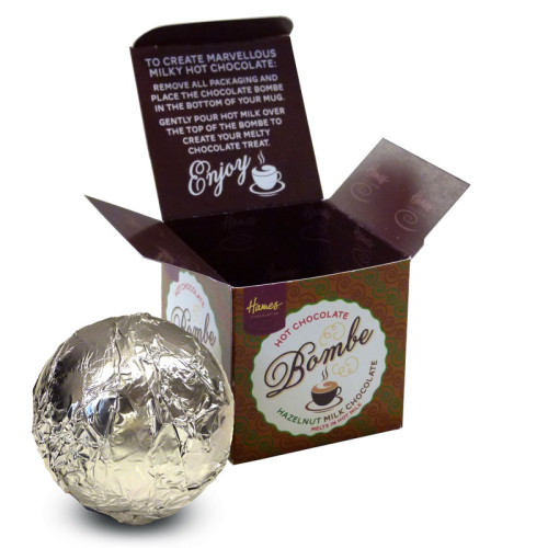 Hames Hot Chocolate Bombe â Milk Chocolate with Shot of Hazelnut Flavouring in Individual Box in Individual Boxes Rainforest Alliance Cocoa