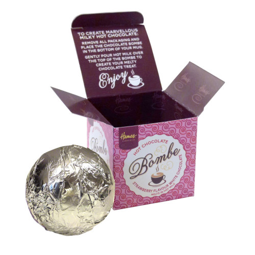 Hames Hot Chocolate Bombe - White Chocolate with a Shot of Strawberry Flavouring Rainforest Alliance Cocoa