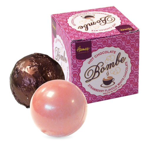 Hames Pack of 2Â Hot Chocolate Bombes - White Chocolate with Strawberry Flavouring & a Milk Chocolate With Mini Mallows Rainforest Alliance MB Cocoa