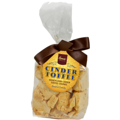 Hames - Cinder Toffee Bag Finished with a Swing Tag and BrownTwist Tie Bow 100g x Outer of 12