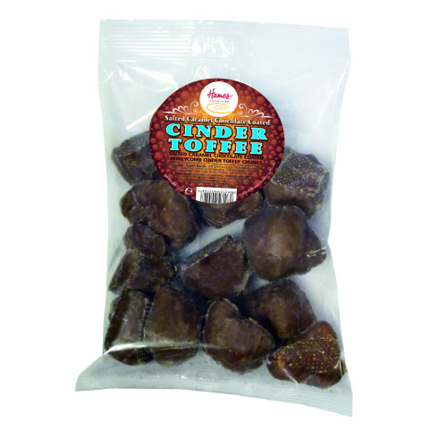 Hames - Milk Chocolate & Salted Caramel Flavour Covered Cinder Toffee in a Clear Euro Slot Bag for Hanging with Label 130g x Outer of 20