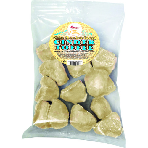 Hames - White Chocolate Covered Cinder Toffee in a Clear Euro Slot Bag for Hanging with Label 130g x Outer of 20